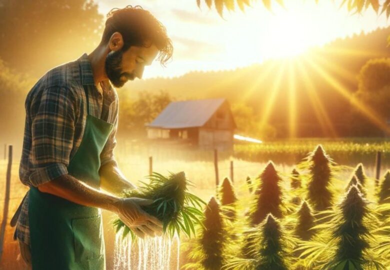 a farmer washing away powdery mildew