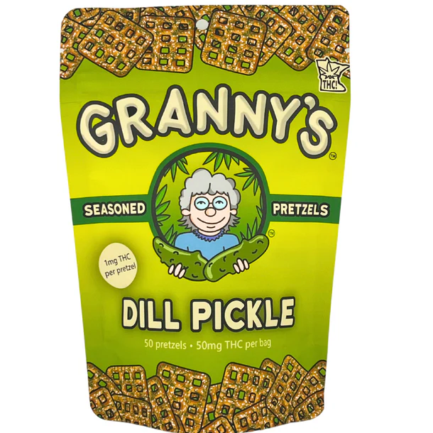 Granny's Dill Pickle infused pretzels front of package
